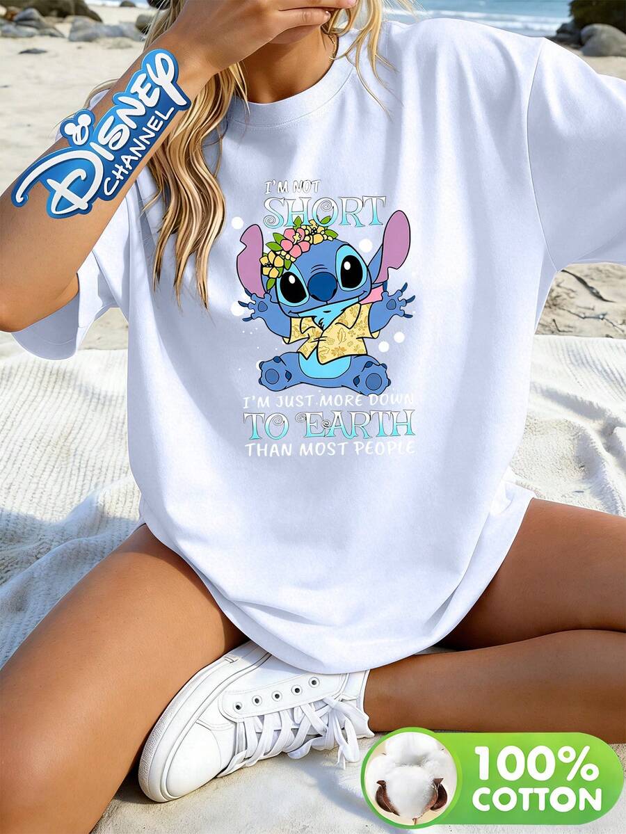 Disney Lilo & Stitch "I'm Not Short I'm Down To Earth" Quote Print Crew Neck Tee, Funny Cartoon Casual Top - 白色 - 查看 1