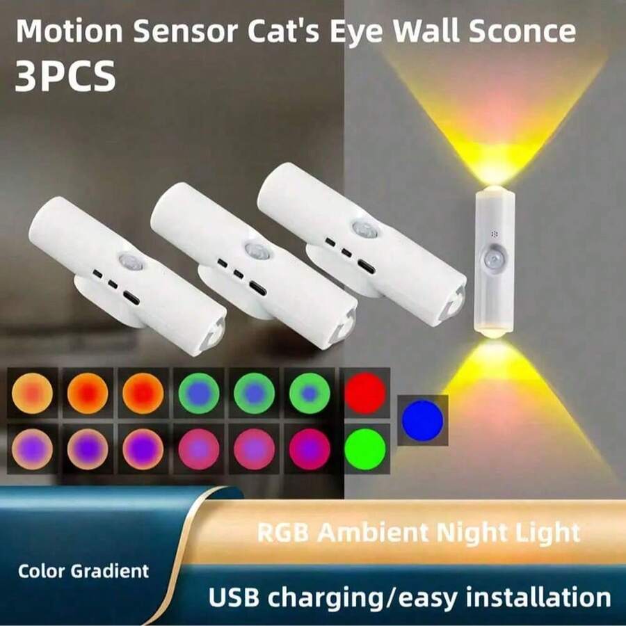 3pcs/6pcs Dual-Head Cat Eye Sensor Wall Lights, USB Rechargeable, RGB Night Light, 3/7 Color Modes, Stepless Dimming, Suitable For Bedroom/Stairs/Closet, Modern Aesthetic Spotlight