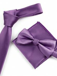 ZLQ&GOU 3 PCS Purple Satin Men's Tie Set, Includes Tie, Bow Tie, Pocket Square, Suitable For Wedding, Party, Formal Occasion, Gift - Purple - View 6