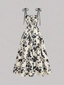 guangzhougaolangshangmao  MOD Vestido camisero con estampado de flores de silueta negra sobre fondo albaricoque, vestido renacentista, vestidos - Albaricoque - Ver 3