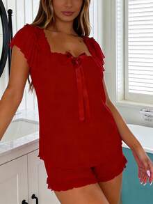 Square Neck Bow Ruffle 2 Piece Sleep Set For Women, Mesh Layer Trim Cami Top  Short, Coquette Soft Lightweight Loungewear Night Wear - Burgundy - View 3