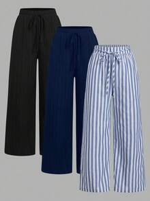 Set Of 3 High-Waisted Loose Straight-Leg Trousers With Drawstring And Pockets, Solid Color And Versatile, Suitable For Spring/Summer - Black and White - View 1