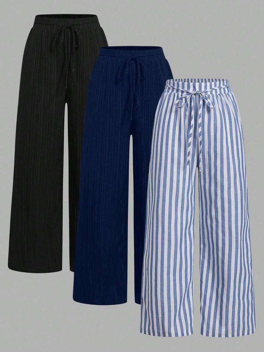 Set Of 3 High-Waisted Loose Straight-Leg Trousers With Drawstring And Pockets, Solid Color And Versatile, Suitable For Spring/Summer - Black and White - View 1