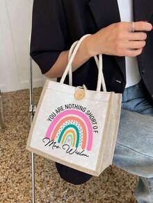 1件客製化姓名彩虹教師包－客製化彩虹花卉圖案托特包，大容量，按扣開合－適合教學助理、畢業生或教學助理的感謝禮物，書包 | 花卉托特包 | 堅固手柄 - 彩色 - 查看 6