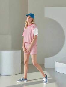MARZXIN Women 2 Piece Shorts Set 2026 Casual Summer Cruise Outfits Ribbed Loose Short Sleeve Pocket Matching Lounge Sets - Patchwork Pink - View 10