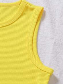 2pcs/Set Tween Girl Summer Fashion New Vacation Style Yellow Round Neck Sleeveless Crop Top And Lemon Print Skirt Set - Yellow - View 5