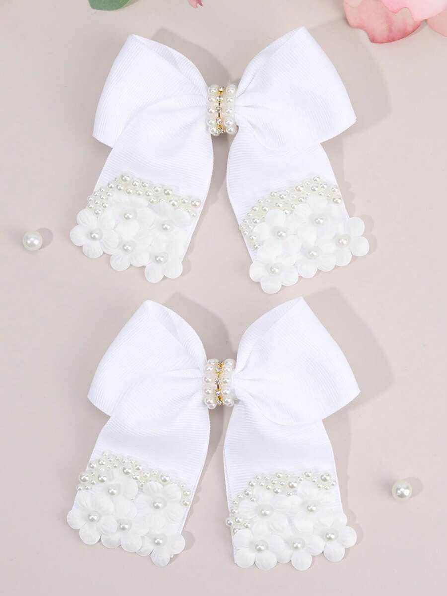 2pcs White Bow Hair Clips With Pearl And Flower Applique, Cute Hair Clips For Kids, Crocodile Clips, Casual Hair Accessories - Multicolor - View 1