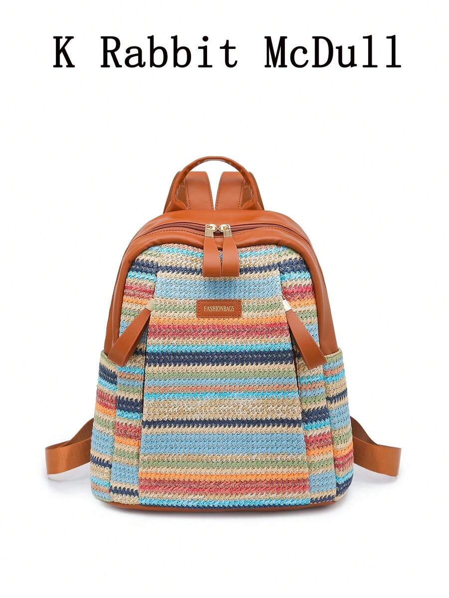 Fashionable Rainbow-Striped Woven Straw And PU Patchwork Backpack: A Casual, Vacation-Style, Large-Capacity Straw Backpack Perfect For Beach Vacations