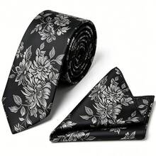 Men's Tie Set, Classic Fashion Necktie & Pocket Square Set, Suitable For Weddings, Business And Banquets. - Black Silver - View 2