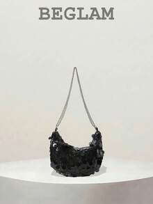 Fashion Solid Color Sequin Crescent Shoulder Bag, Metal Chain Strap, Suitable For Women Shopping, Dating, Gifts And Daily Use - Black - View 1