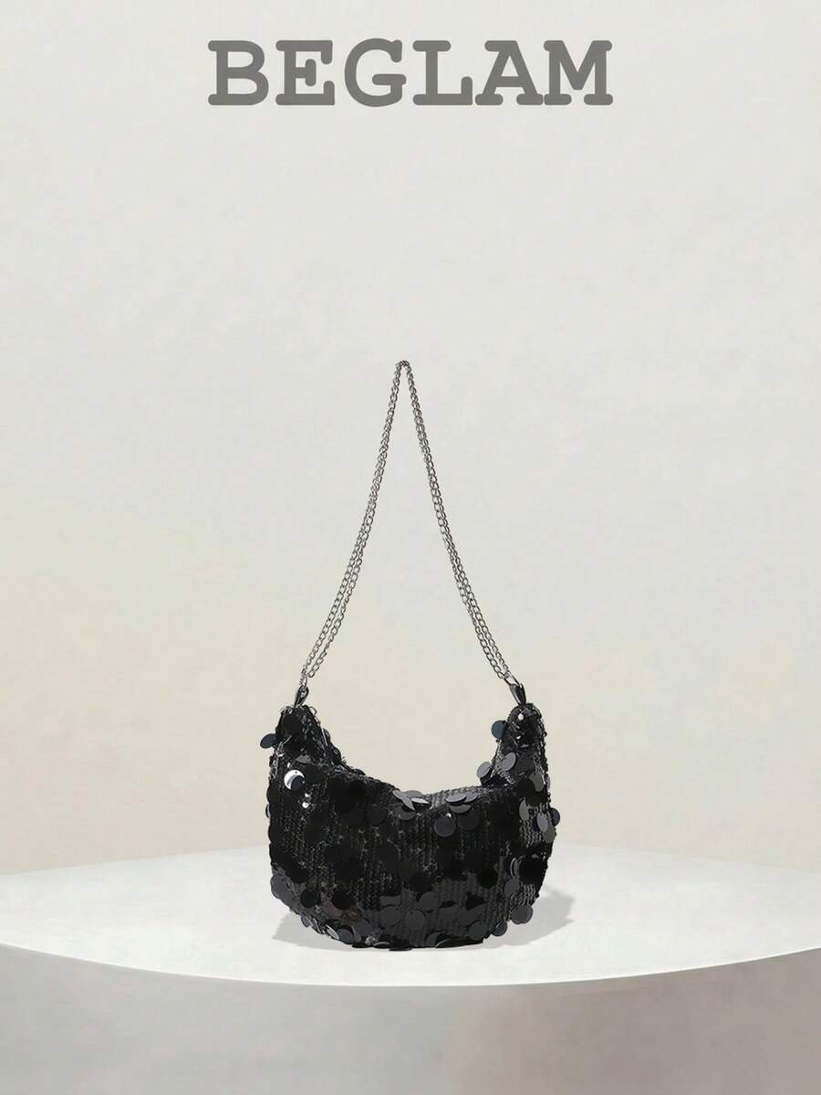 Fashion Solid Color Sequin Crescent Shoulder Bag, Metal Chain Strap, Suitable For Women Shopping, Dating, Gifts And Daily Use - Black - View 1