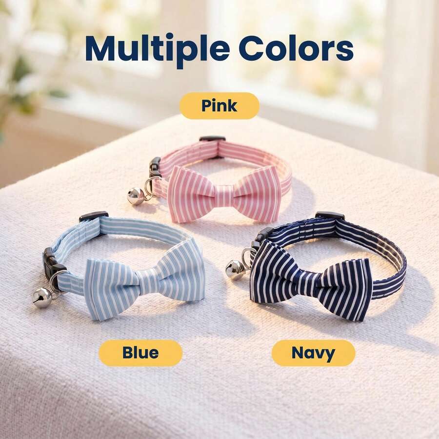 PINCOOL Collar con lazo a rayas y cascabel para cachorro, decoración de cuello para mascotas para uso en el hogar y diario - Celeste - Ver 1
