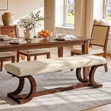 LITTLE TREE 48 Inch Upholstered Bench, Solid Wood Entryway Bench With Soft Cushion, Mid-Century End Of Bed Bench With Curved Leg For Bedroom Entryway - White & Brown - View 7