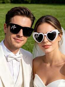 2pcs Groom & Bride Black & White Theme Party Glasses Set, Wedding Engagement Honeymoon Gift For Wife, Outdoor Wedding Bachelorette Party Pre-Wedding Party, Couple Party/Wedding Fashion Glasses Set, Women's Decorative Heart-Shaped Accessories, Unisex Fashion Glasses - A - View 3