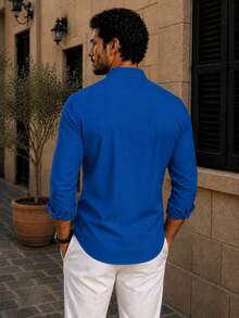 100% Cotton Linen, Breathable, Lightweight, Button-Down Collar, Men's Linen Shirt - Blue - View 2