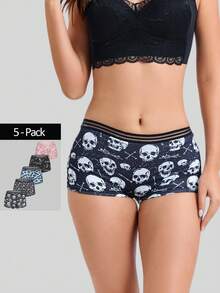 Dircho 5pcs Women Gothic Skull Print Contrast Binding Boyshorts, Comfy Elastice Waist Intimates Panties, Women's Lingeries & Underwear - Multicolor - View 1