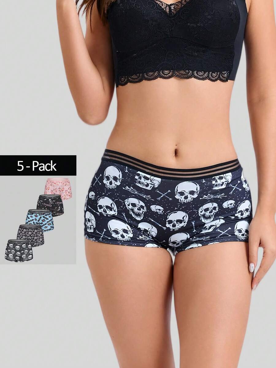 Dircho 5pcs Women Gothic Skull Print Contrast Binding Boyshorts, Comfy Elastice Waist Intimates Panties, Women's Lingeries & Underwear - Multicolor - View 1