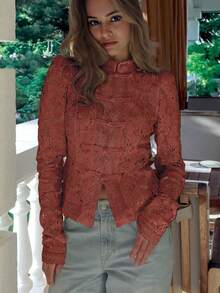 Women's Spring And Fall Elegant Semi-Sheer Lace Blouse With Stand Collar And Long Sleeves Regular Fit Button Details Woven Fabric Vacation - Brown - View 3