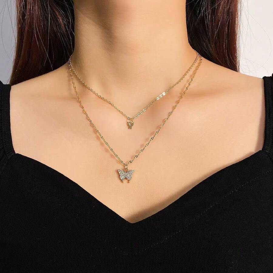 1PC Gold/Silver Color Optional Double Layer Fine Chain Butterfly Collarbone Necklace, Water-Resistant Non-Fading Neck Chain, Suitable For Tropical Vacation, Island Travel, Soft Style Outfits, Date Looks, Christmas Eve / Friendship Gift / Birthday Gift, Unisex Versatile Jewelry - Multicolor - View 1