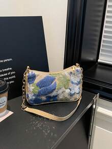 Mini Minimalist Chain Strap Solid Color Floral Pattern Shoulder Bag (Floral Position Randomly Varies) - Blue - View 11
