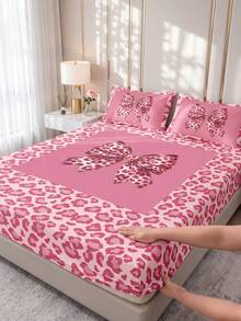 1 pezzo Lenzuolo con angoli protettore per materasso, copriletto con stampa leopardata rosa e fiocco, decorazione per la stanza, anti-polvere & anti-scivolo, delicato sulla pelle & traspirante, ultra morbido & leggero, adatto per letti matrimoniali/doppi/queen/king, tutte le stagioni, lavabile in lavatrice, federe e copripiumini non inclusi - Multicolore - Visualizzare 1