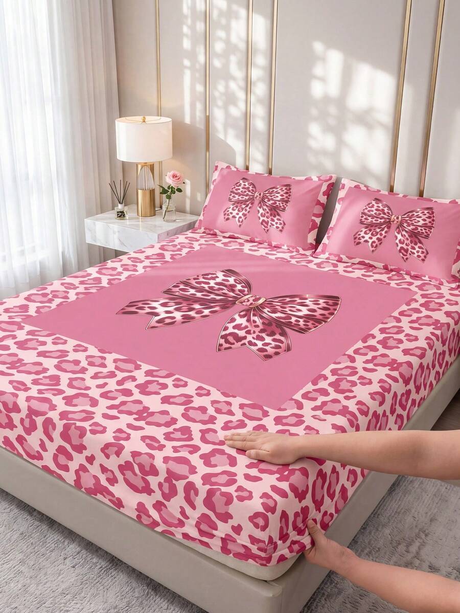 1 pezzo Lenzuolo con angoli protettore per materasso, copriletto con stampa leopardata rosa e fiocco, decorazione per la stanza, anti-polvere & anti-scivolo, delicato sulla pelle & traspirante, ultra morbido & leggero, adatto per letti matrimoniali/doppi/queen/king, tutte le stagioni, lavabile in lavatrice, federe e copripiumini non inclusi - Multicolore - Visualizzare 1
