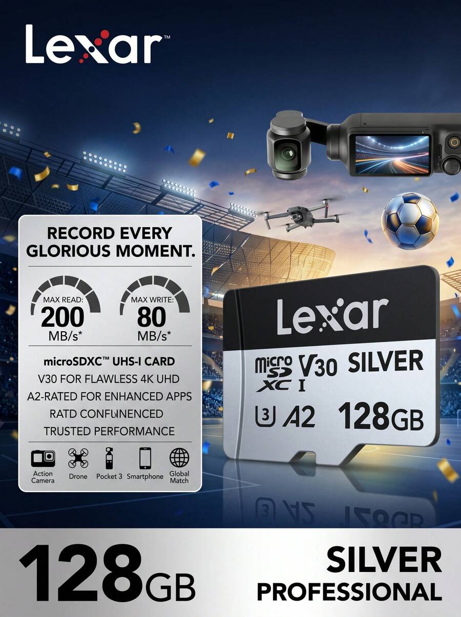 Lexar 128GB Micro SD 記憶卡 V30 U3 最高 200MB/S 高速記憶卡，適用 4K 錄影機、無人機、運動攝影機、行車記錄器、遊戲主機