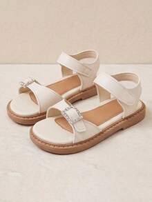 Hot New Arrival - 3-12 Years Old Girls Lightweight White Sandals. Square Rhinestone Buckle. Hook And Loop Design. Transparent Elegant Style. - Beige - View 1
