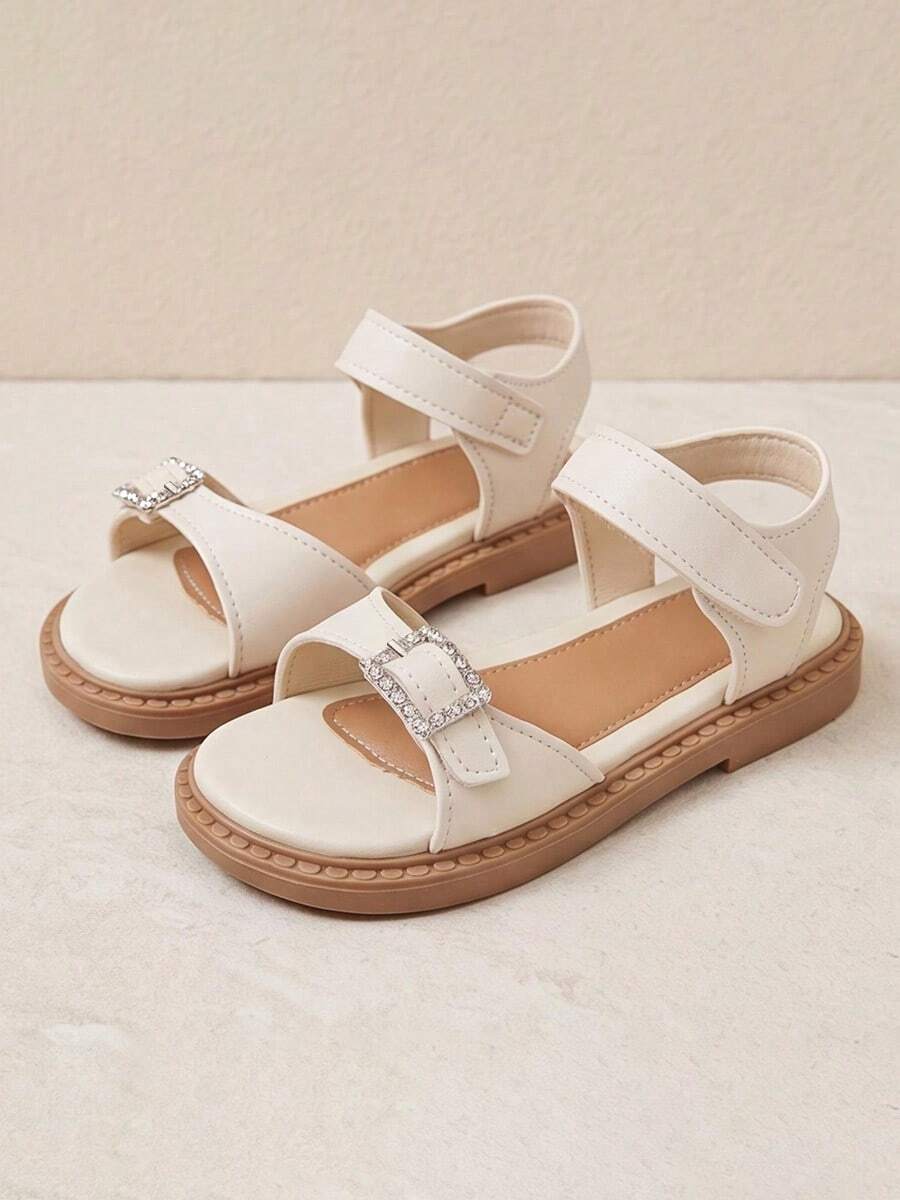 Hot New Arrival - 3-12 Years Old Girls Lightweight White Sandals. Square Rhinestone Buckle. Hook And Loop Design. Transparent Elegant Style. - Beige - View 1