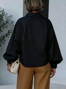 British Style Woven Lantern Sleeve Blouse Black Spring - Black - View 6