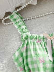 2 Pieces Women's Plaid Bow Print Sleep Set Sleeveless Ruffled Straps & Hem Lightweight Summer Casual Loungewear Comfort Nightdress - Multicolor - View 6