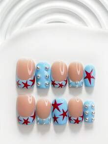 10Pcs Unique Style Handmade Press On Nail,Polygel Nail Set,Polka Dot And Star Designs,Blue And Red Nail Polish,Lively Style,Includes Nail Tools,3 Sizes Available,Square,Short Square,Almond,Nails For Party,Dance,Daily Wear. - 彩色 - 查看 14