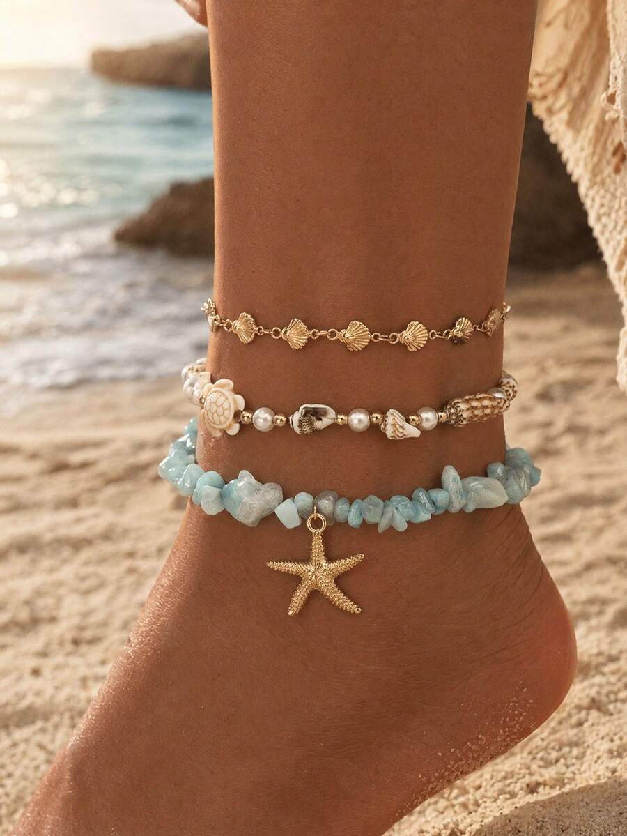 3pcs/Set Summer Beach Shell Conch Ocean Style Asymmetrical Blue Stone Design Women's Foot Accessories Suitable For Summer Beach Vacation Daily Travel Date Wear, The Number, Size, Color And Pattern Of Conch And Stones Are Random - Multicolor - View 1