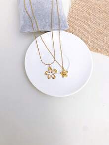 1pc Stainless Steel Waterproof Non-Fading Vintage Five-Petal Flower Pendant Necklace Choker Chain Suitable For Women's Daily Wear - Gold - View 2