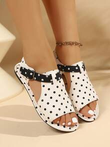 Women's Retro Polka Dot Flat Sandals Summer Open Toe Ankle Strap Casual Beach Sandals Buckle Closure Daily Wear - White - View 4