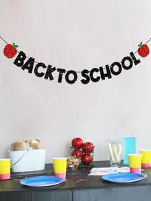 1pc Black Glitter Back To School Banner, Red Apple Letter Garland For First Day Of School Classroom Decoration, Welcome Back School Party Photo Booth Backdrop - Black - View 3