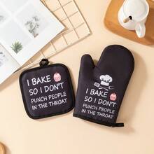 1. Oven Mitts & Pot Holders Set, Black Heat-Resistant Kitchen Mitts & "Happiness Is Homemade" Patterned Insulated Pads, Non-Slip Cotton Oven Mitts, Suitable For Baking, Cooking, Grilling - View 12