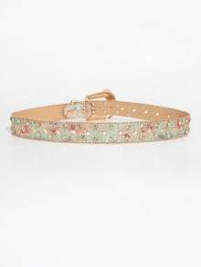 1pc Men's Western Style Matte Engraved Belt, Summer Versatile Jeans Accessory, Western Cowboy Rhinestone Buckle Belt, Floral Jacquard Strap, Exaggerated Athletic Style - Light Green - View 6