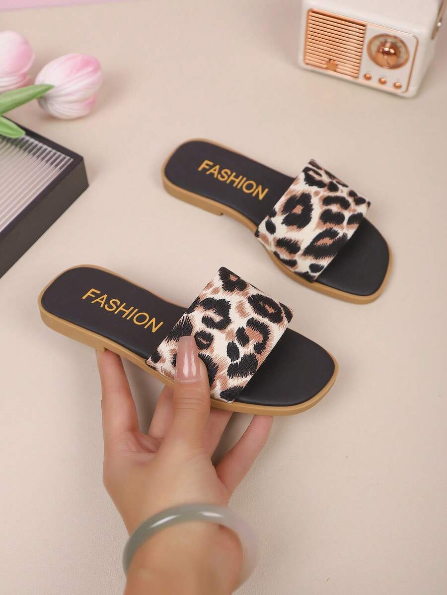 1 Paar Mädchen Leoparden Muster Einriemen Sandalen, weiche rutschfeste Flache Pantoffeln, Casual Strandschuhe für den Sommer - Schwarz - Übersicht 1