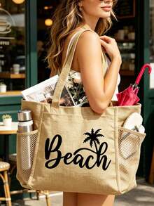 Vigour Summer Bolsa de playa de lona de gran capacidad con bolsillo con cremallera, bolso de hombro para vacaciones de verano para mujeres, bolsa de compras reutilizable con bolsillo interior y bolsillo lateral de malla, bolso de viaje ligero para playa, natación, picnic, fitness, uso diario, estilo fresco de la , adecuado para niñas, mamás, amigas, cumpleaños, Día de la Madre, regalo de viaje de vacaciones de verano - Multicolor - Ver 4