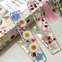 2pcs Printed Dried Flower Pattern Acrylic Tassel Bookmarks, Elegant Reading Gift, Suitable For Women, Teachers And Book Lovers - Rectangle - View 2