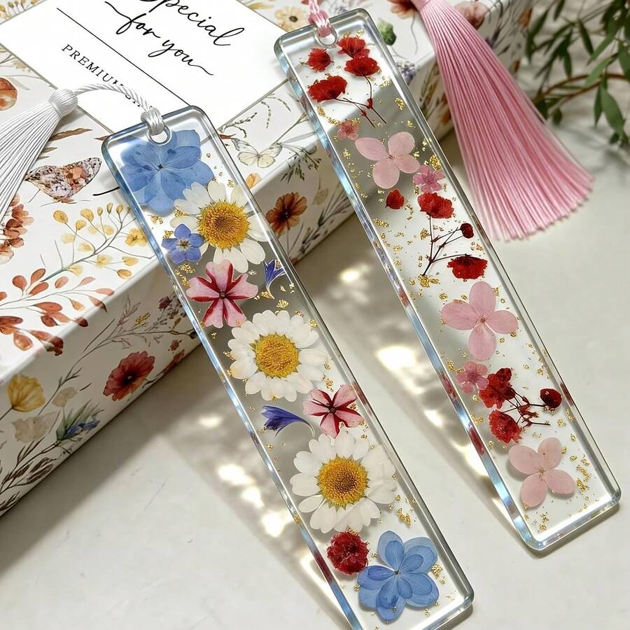 2pcs Printed Dried Flower Pattern Acrylic Tassel Bookmarks, Elegant Reading Gift, Suitable For Women, Teachers And Book Lovers