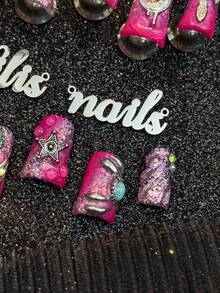 10er Pack handgefertigte, vollständig bedeckte kurze Enten-Press-On-Nägel, Hot Pink, Y2K Sweet Style, wiederverwendbare künstliche Nägel mit Gelee-Kleber und Nagelfeile, geeignet für Punk-Clubnacht, Cosplay, Festival-Konzert, Gothic-Mädchen-Treffen, Sweet Grunge Alltagsstyling - Heißes Pink - Übersicht 6
