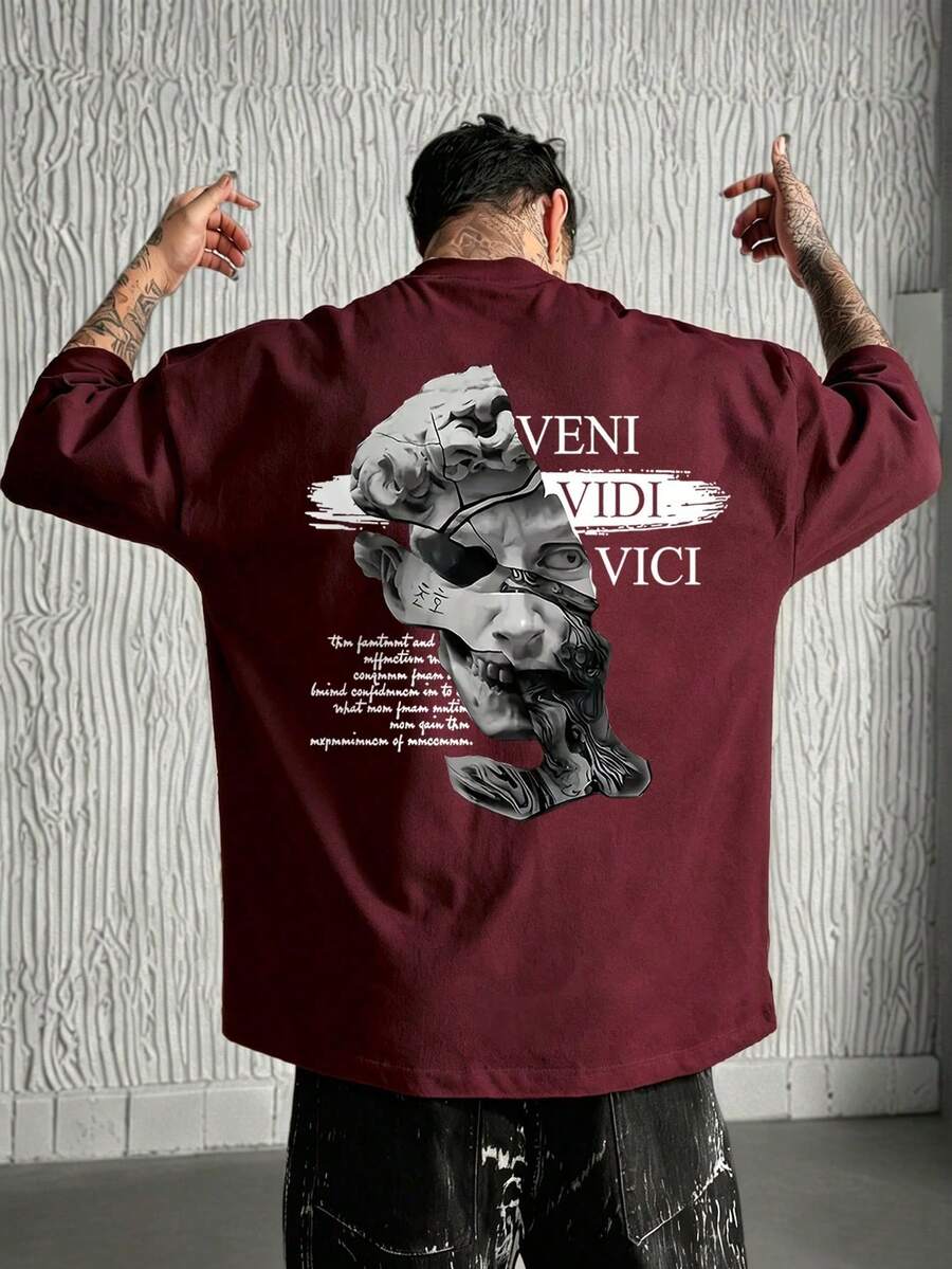 Camiseta de manga corta con cuello redondo y estampado de retrato abstracto de hombre, para verano - Gris - Ver 1