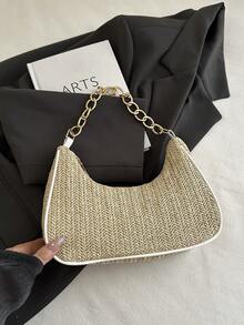Fashion Solid Color Metal Chain Straw Crescent Women's Multi-Use Handbag Tote Bag Vacation Bag Beach Bag Casual Straw Bag Phone Bag - Khaki - View 6