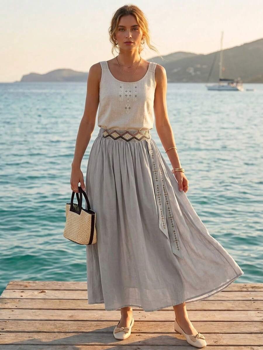 Jupe évasée vintage artistique polyvalente pour l'été, style décontracté brodé pour femmes - Gris pâle - Voir 1