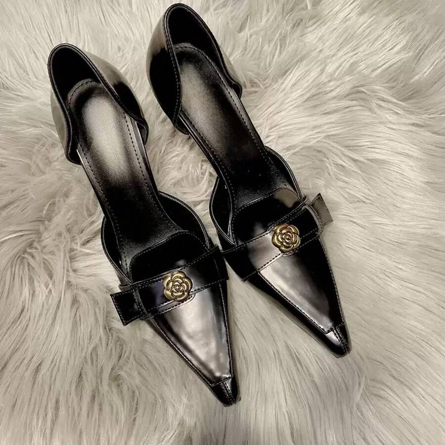 Chaussures à talons hauts Camellia, talon aiguille, bout carré fin, chaussures en cuir pour femmes, chaussures à coupe basse, talon ultra-haut. - Style creux noir 7cm - Voir 1
