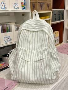 女款條紋印花後背包，學生書包，防水休閒後背包，多口袋設計，適合上學與週末旅行 - 多色 - 查看 14