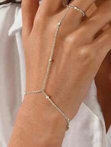 1 pieza Pulsera de cadena con cuentas de cobre versátil, diseño elegante - Plateado - Ver 2