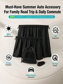 1/4件組 Ull 車用隱私隔斷窗簾 + 側窗窗簾套組，95%遮光防紫外線後座隔斷窗簾，易安裝黑色遮陽車用隱私窗簾套組 - A - 查看 9